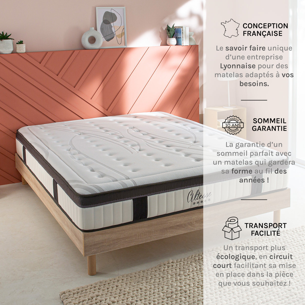 Ensemble ALTESSE Matelas Mémoire de Forme - 26 cm avec Sommier Kit Bois