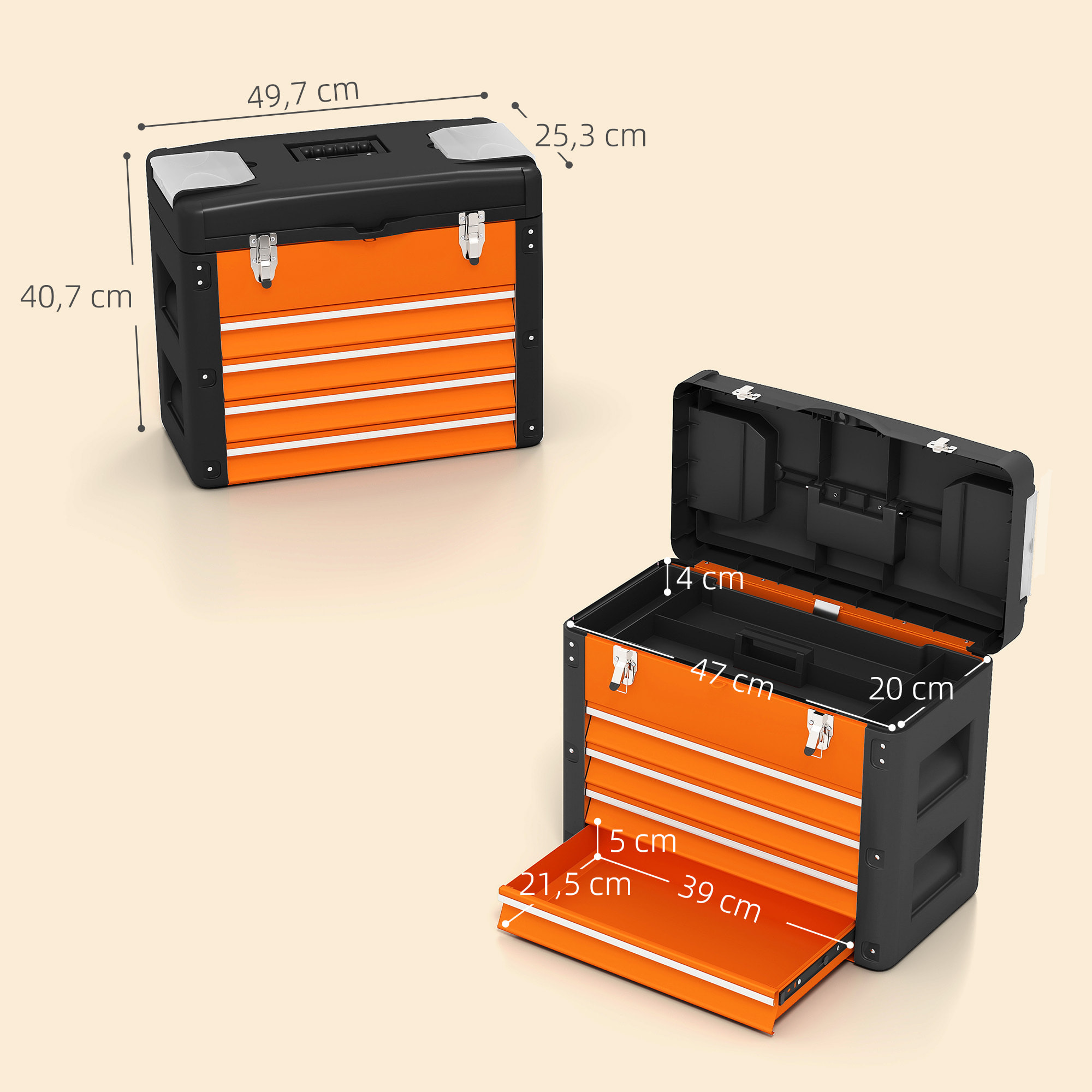 Boîte à outils 4 tiroirs plateau amovible 2 boites visserie acier PP noir orange