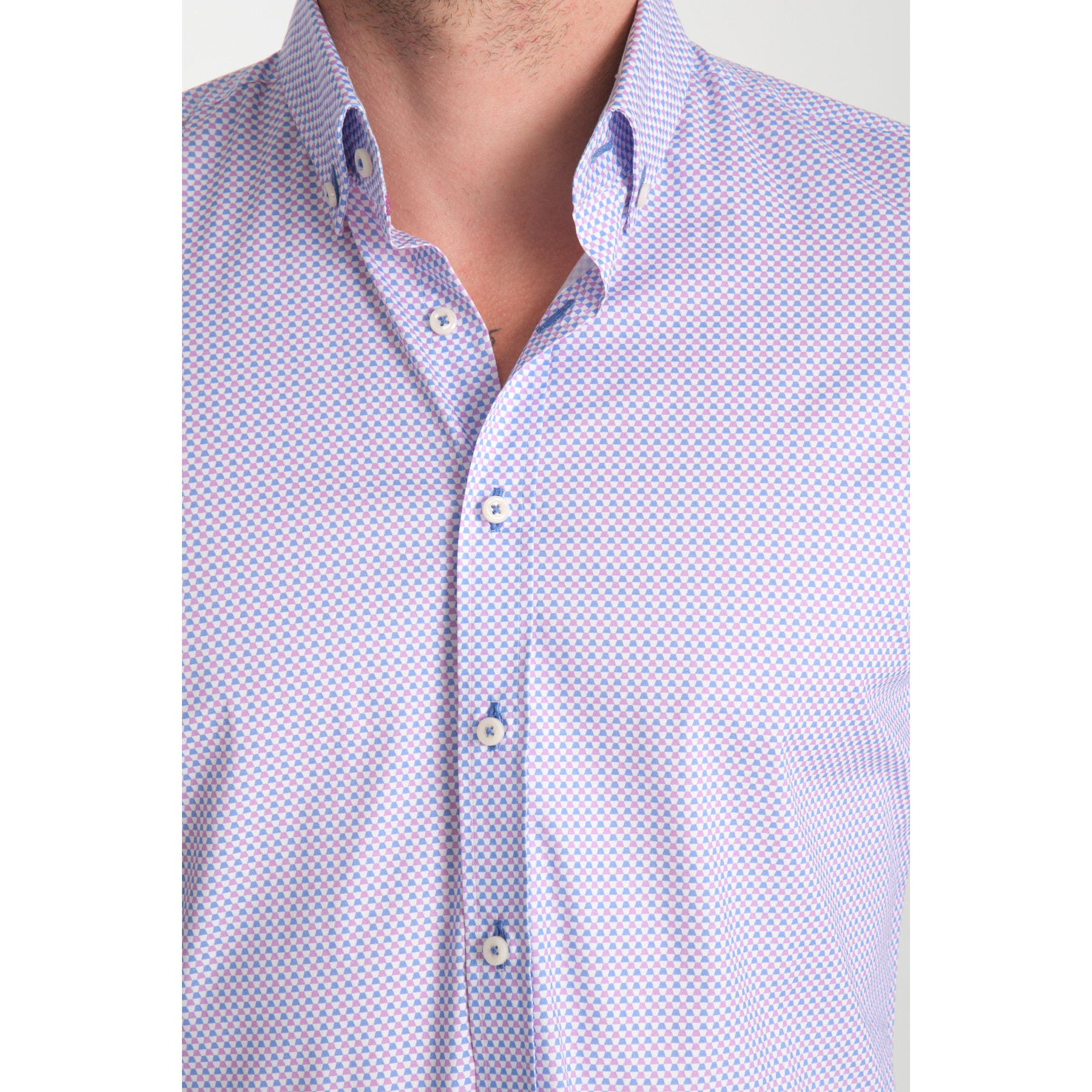 camicia uomo 1 bottone button down slim Popeline Stretch Stampato Light Blue Viola Ciclamino