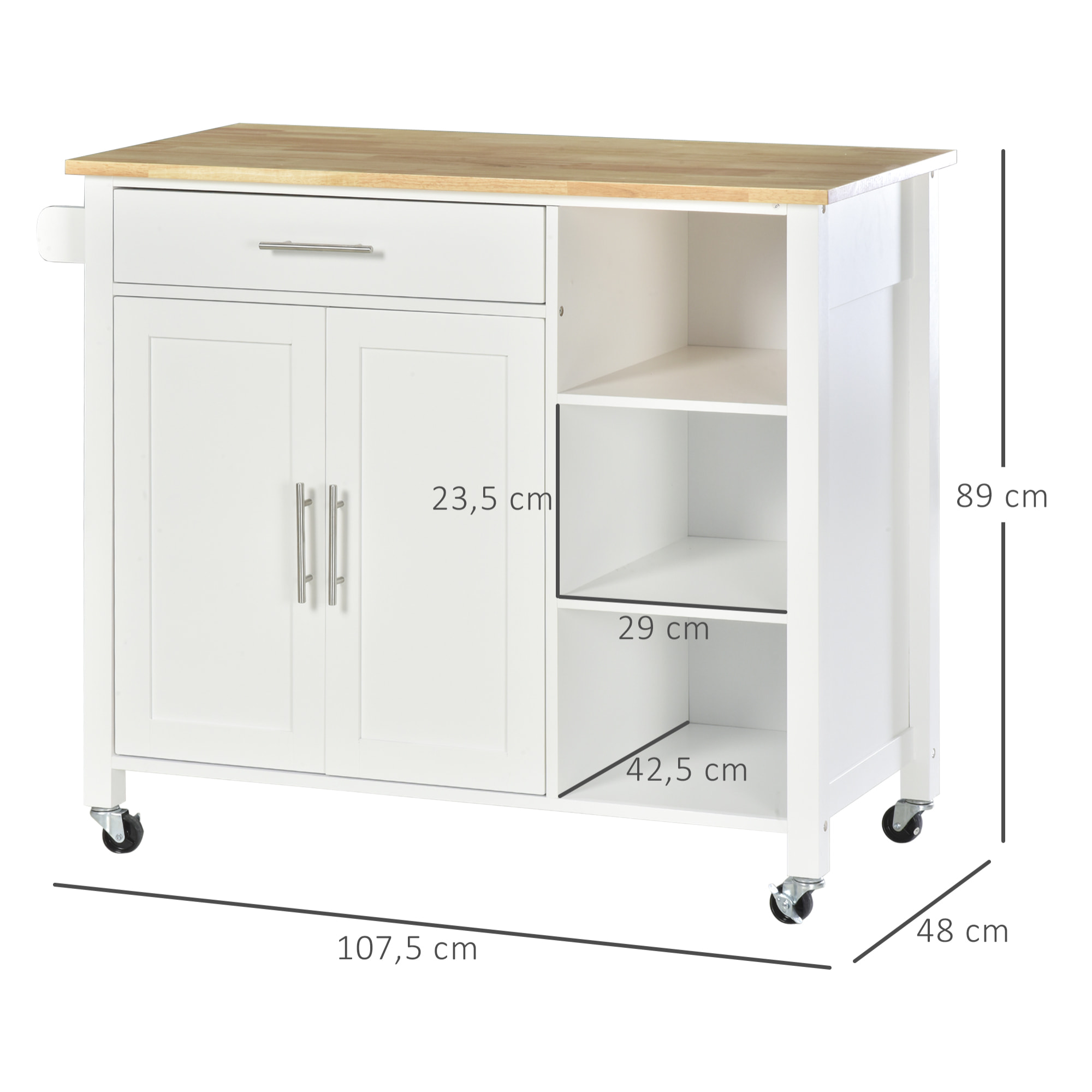 Isla de Cocina con Ruedas Mueble Auxiliar de Cocina con 1 Cajón 2 Puertas 3 Estantes Abiertos y Barra Lateral para Comedor 107,5x48x89 cm Blanco