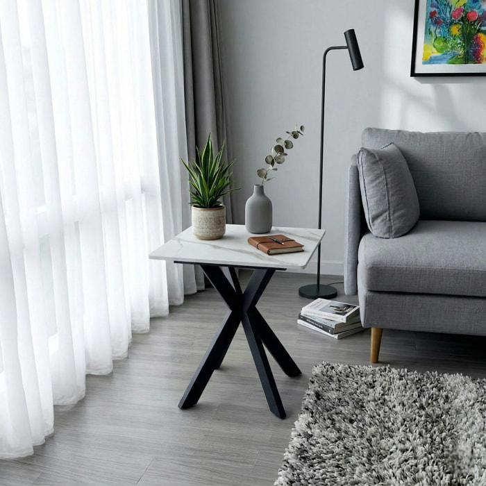 Bout de canapé design en céramique blanche marbrée OTTAWA