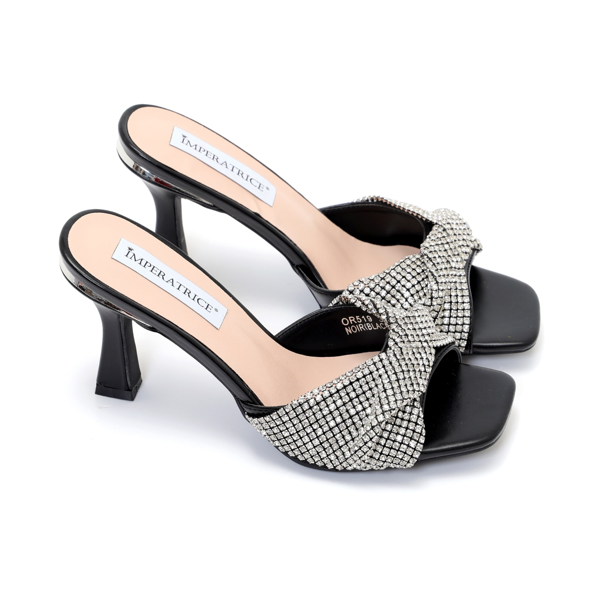 Sandali in simil pelle con tacco a rocchetto e fascia gioiello