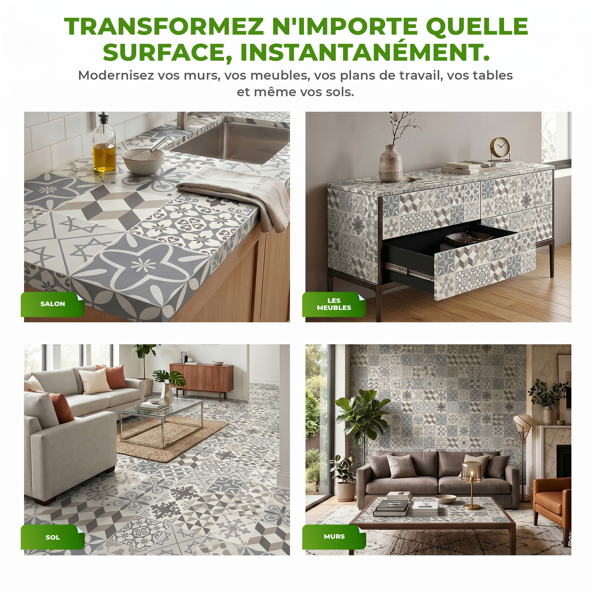Sticker Sol avec laminat de Protection en Plastique Anti-dérapant | Stickers adhésif Sol - CARREAUX DE CIMENT SOL TOLOMEO - 1 sticker