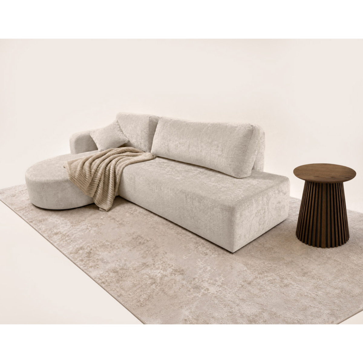 Miro - Canapé d'angle gauche 4 places convertible avec coffre en velours texturé - Beige