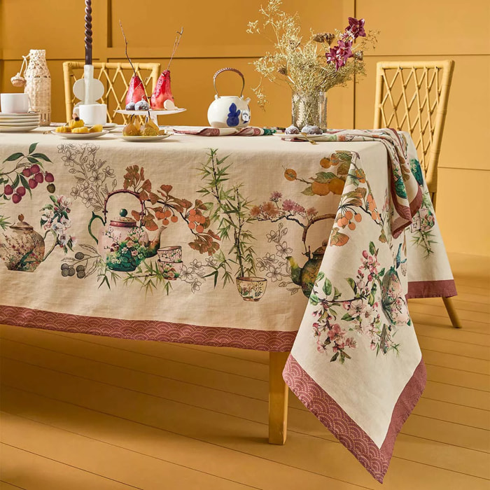 Nappe lin & coton lavé 190 g/m² imprimé vert orange Theieres rouille