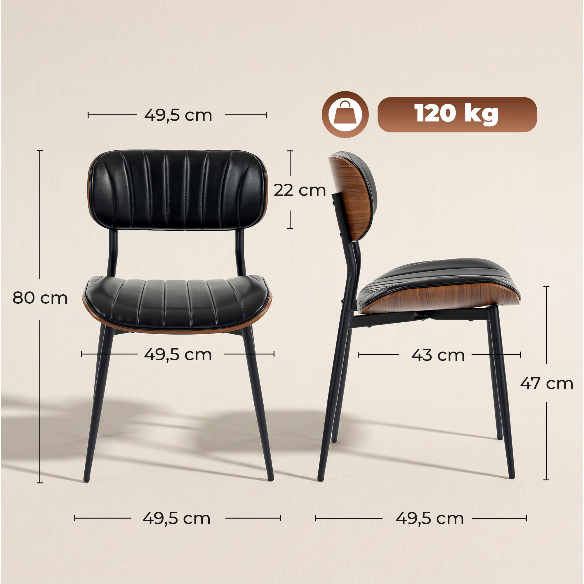 Pack de 2 Sillas de Comedor, Sillas de Cocina Modernas, Tapizadas de Cuero Sintético, Respaldo Curvo, Asiento Acolchado, Estructura de Madera Curvada y Patas Metálicas, Negro y Marrón
