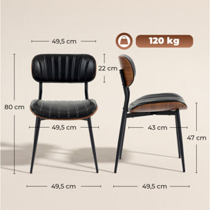 Pack de 2 Sillas de Comedor, Sillas de Cocina Modernas, Tapizadas de Cuero Sintético, Respaldo Curvo, Asiento Acolchado, Estructura de Madera Curvada y Patas Metálicas, Negro y Marrón