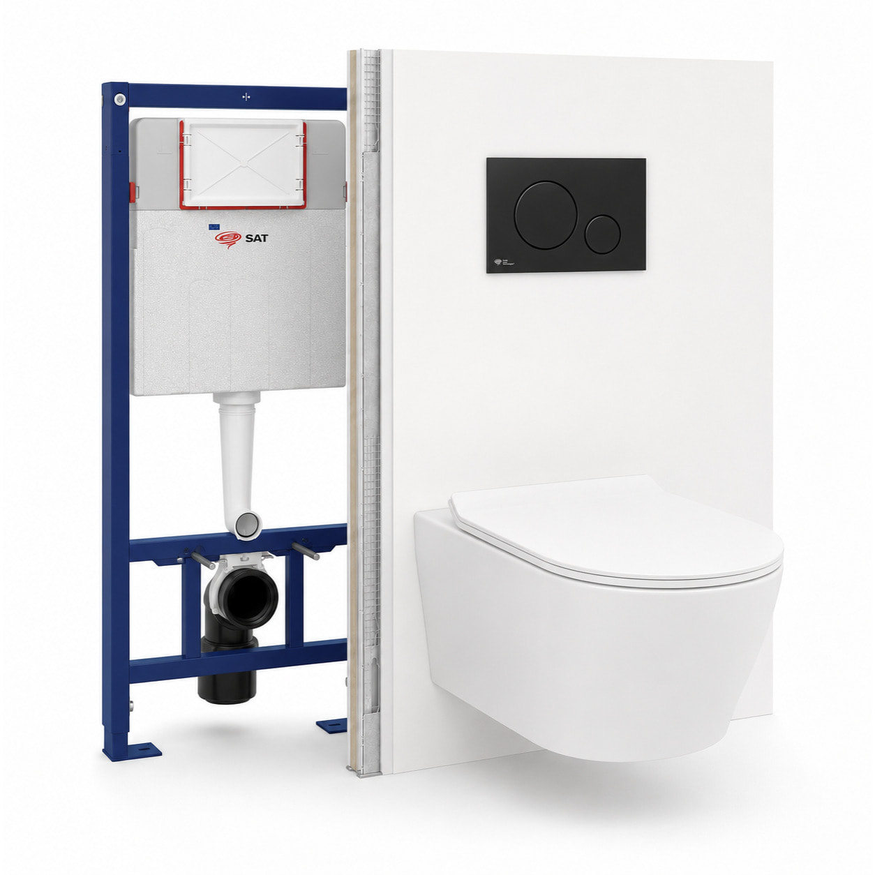 Pack WC suspendu complet avec bâti-support SAT, cuvette Vortex sans bride, plaque noire, économie d’eau