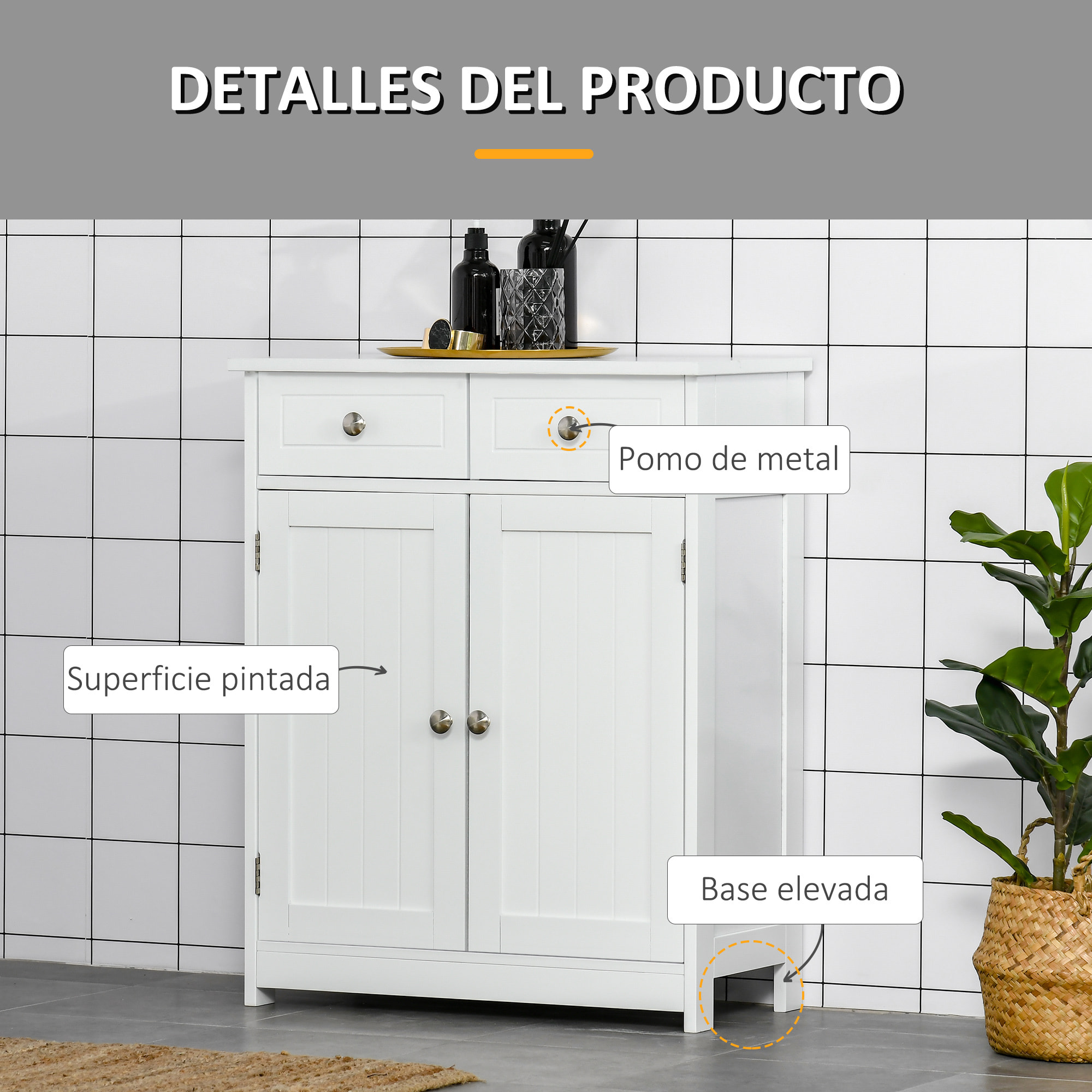 Armario Auxiliar de Baño con 2 Cajones 2 Puertas y Estante Ajustable 60x30x75 cm
