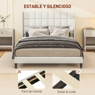 Cama 135x190 cm Estructura de Cama Somier con Cabecera Tapizada de Lino Sintético y Espacio de Almacenamiento Debajo de la Cama Carga 300 kg Beige