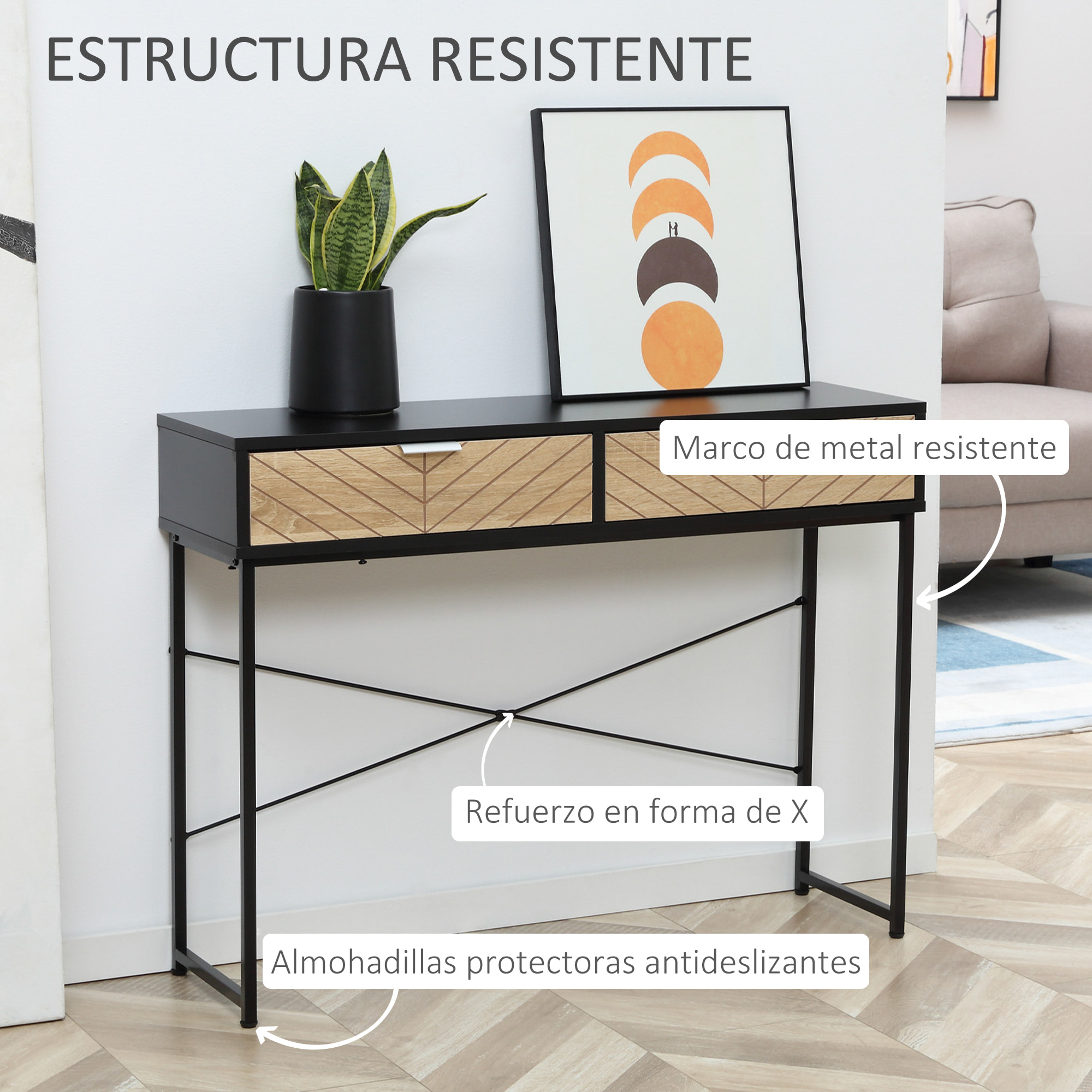 Mesa de Consola Estrecha Consola de Recibidor Mesa de Sofá con 2 Cajones Diseño de Líneas Talladas Estilo Moderna para Pasillo Entrada Salón Dormitorio Negro y Roble