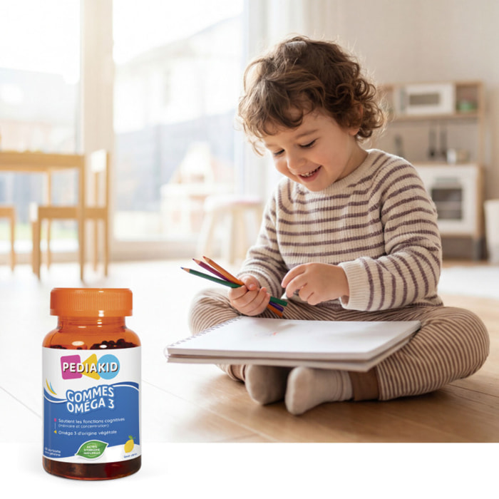 PEDIAKID - Gommes Oméga 3 - Formule Naturelle au Délicieux Arôme de Citron - Soutient les Fonctions Cognitives - Favorise la Croissance et le Développement Cérébral - Lot de 3 piluliers