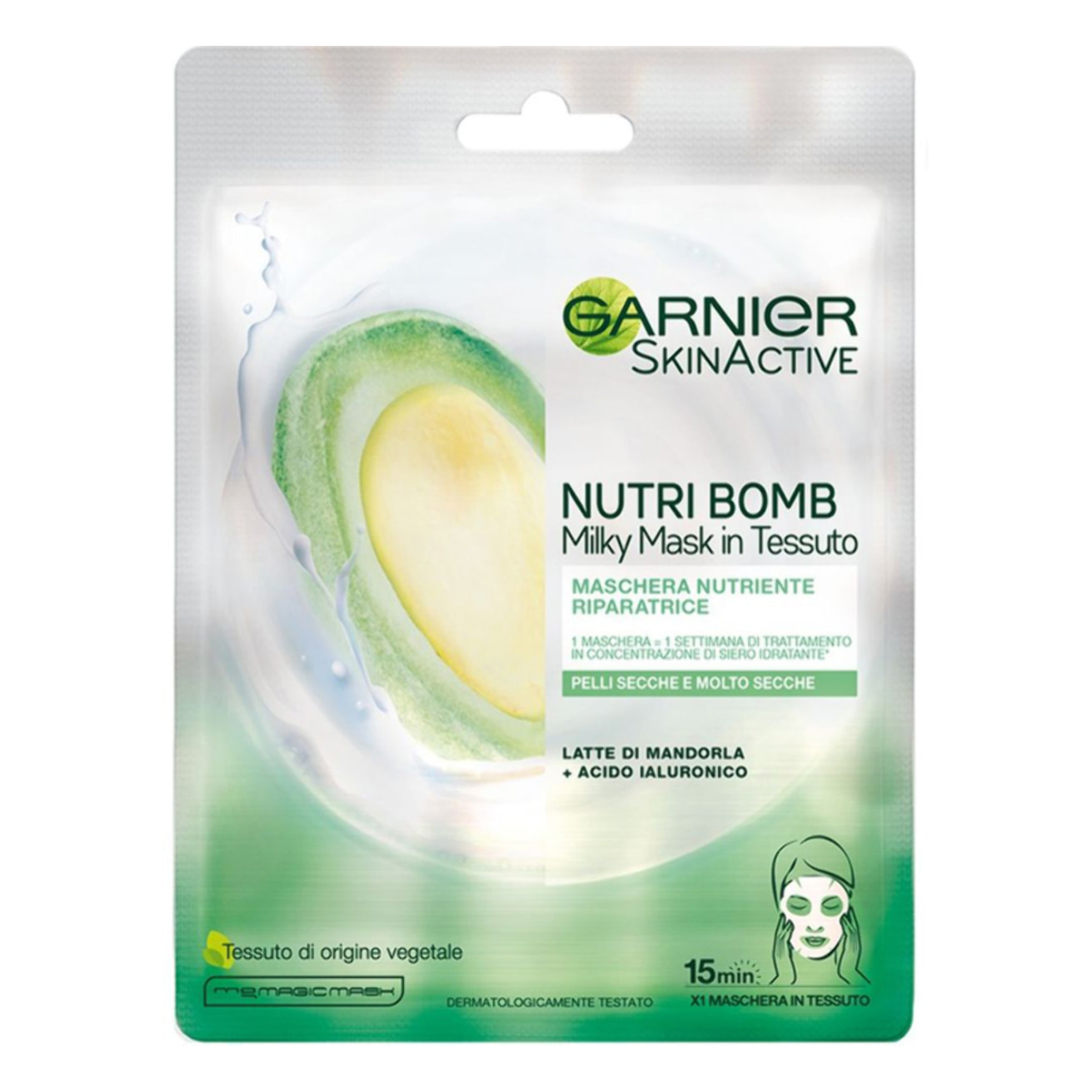 4x Maschera Viso Latte di Mandorla in Tessuto Nutri Bomb Skinactive - 4 Trattamenti Monouso