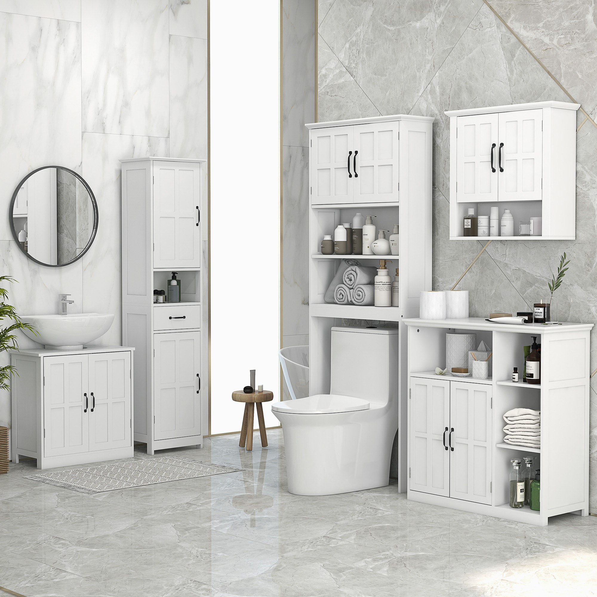Columna de Baño Armario de Baño Alto con 2 Puertas 1 Cajón Estante Abierto y Estantes Ajustables Antivuelco 40x30x164 cm Blanco