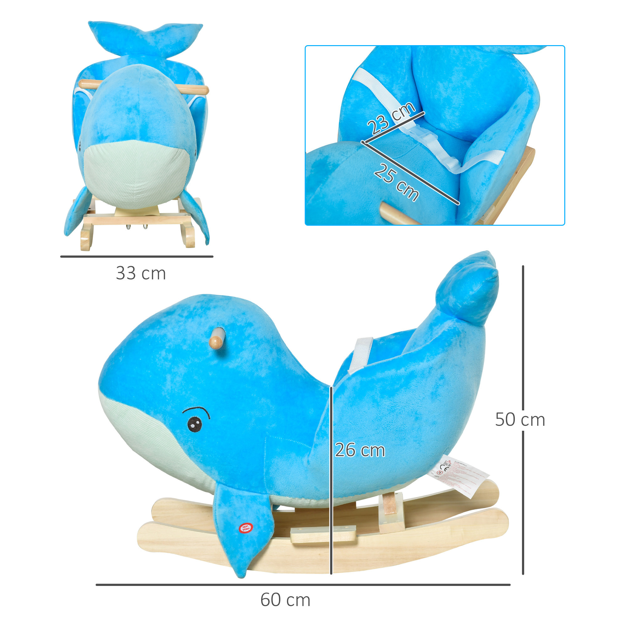 Caballo Balancín para Niños de 18-36 Mesas Forma Ballena Caballo de Juguete con Sonido Asas Cinturón de Seguridad y Base de Madera Carga 45 kg 60x33x50 cm Azul