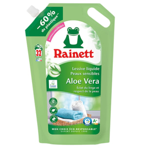 Pack de 5 - Rainett - Lessive Liquide Peaux Sensibles Ecolabel Aloe Vera 1,6l - Recharge 32 lavages