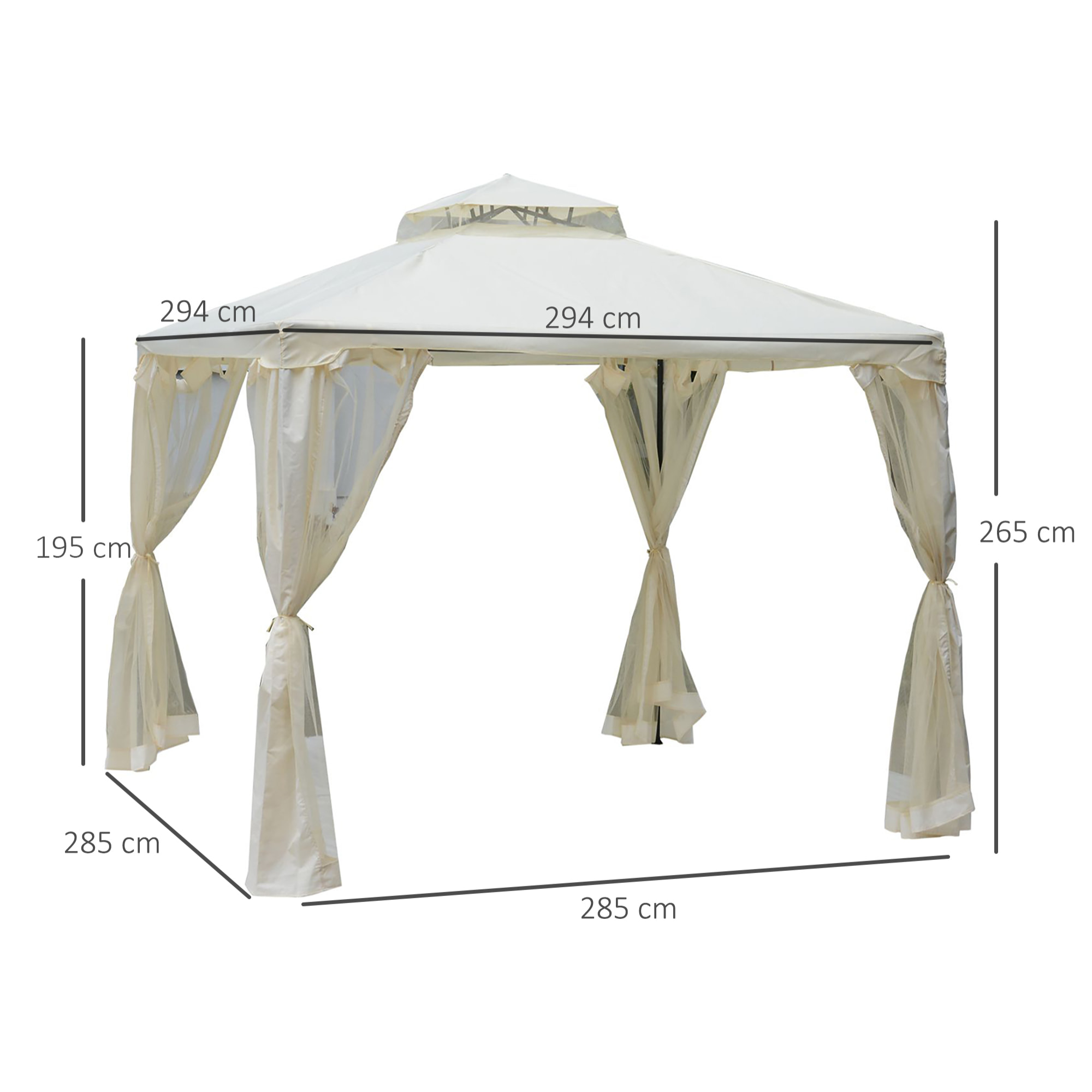 Cenador de Jardín 3x3 m Pabellón de Exterior con Doble Techo de Ventilación 4 Cortinas Mosquiteras Laterales con Cremallera 4 Orificios de Drenaje para Fiestas Patio Crema