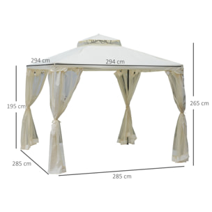 Cenador de Jardín 3x3 m Pabellón de Exterior con Doble Techo de Ventilación 4 Cortinas Mosquiteras Laterales con Cremallera 4 Orificios de Drenaje para Fiestas Patio Crema