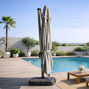 Parasol rectangulaire 3x4m déporté rotatif gris pied effet bois en aluminium NAVIA