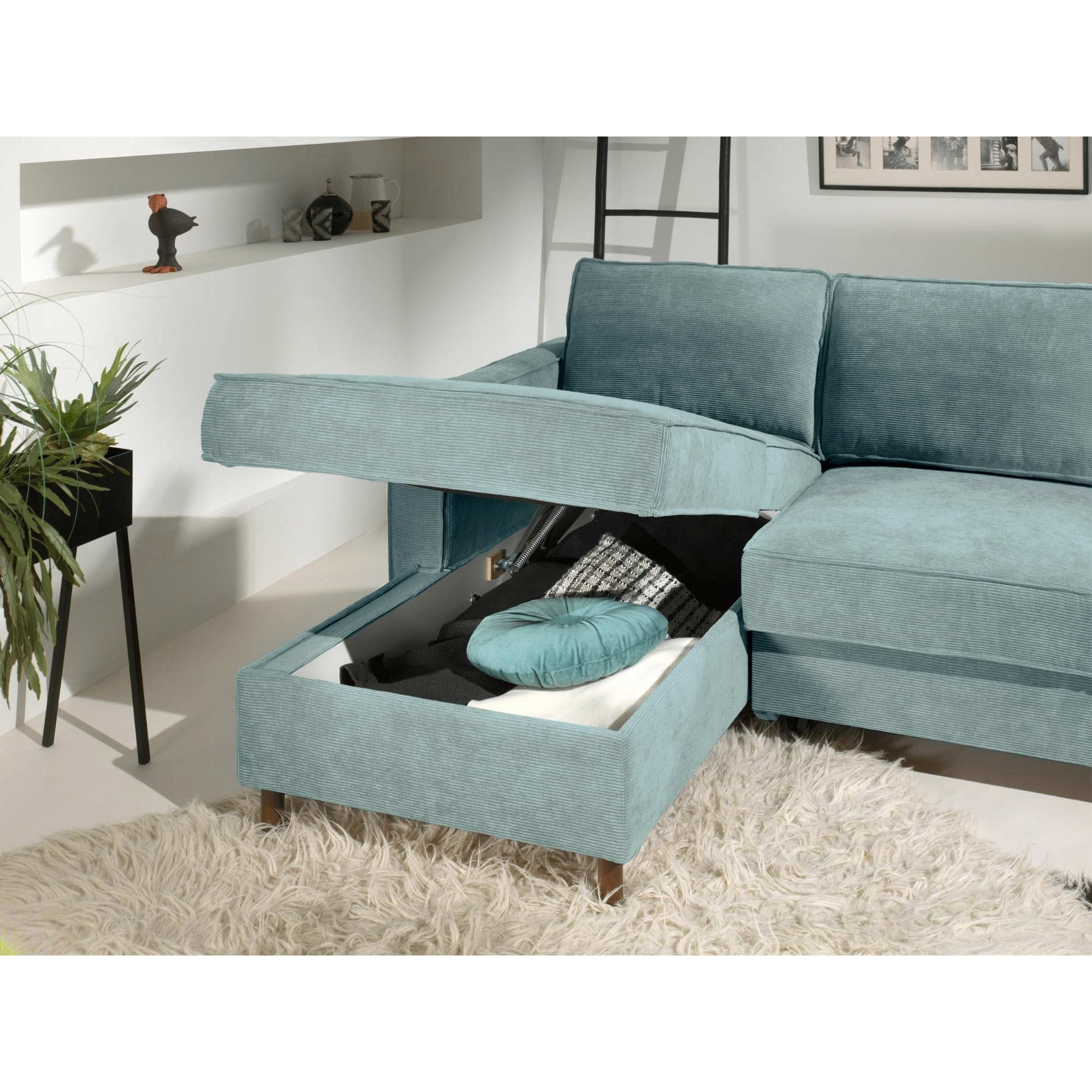 Jake - canapé d'angle gauche - convertible avec coffre - 4 places - en velours côtelé - Bleu