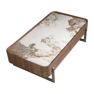 Mesa centro rectangular en madera chapada en nogal natural y tapa de mármol porcelánico blanco con vetas en tonos tierra en brillo 140x75x40cm