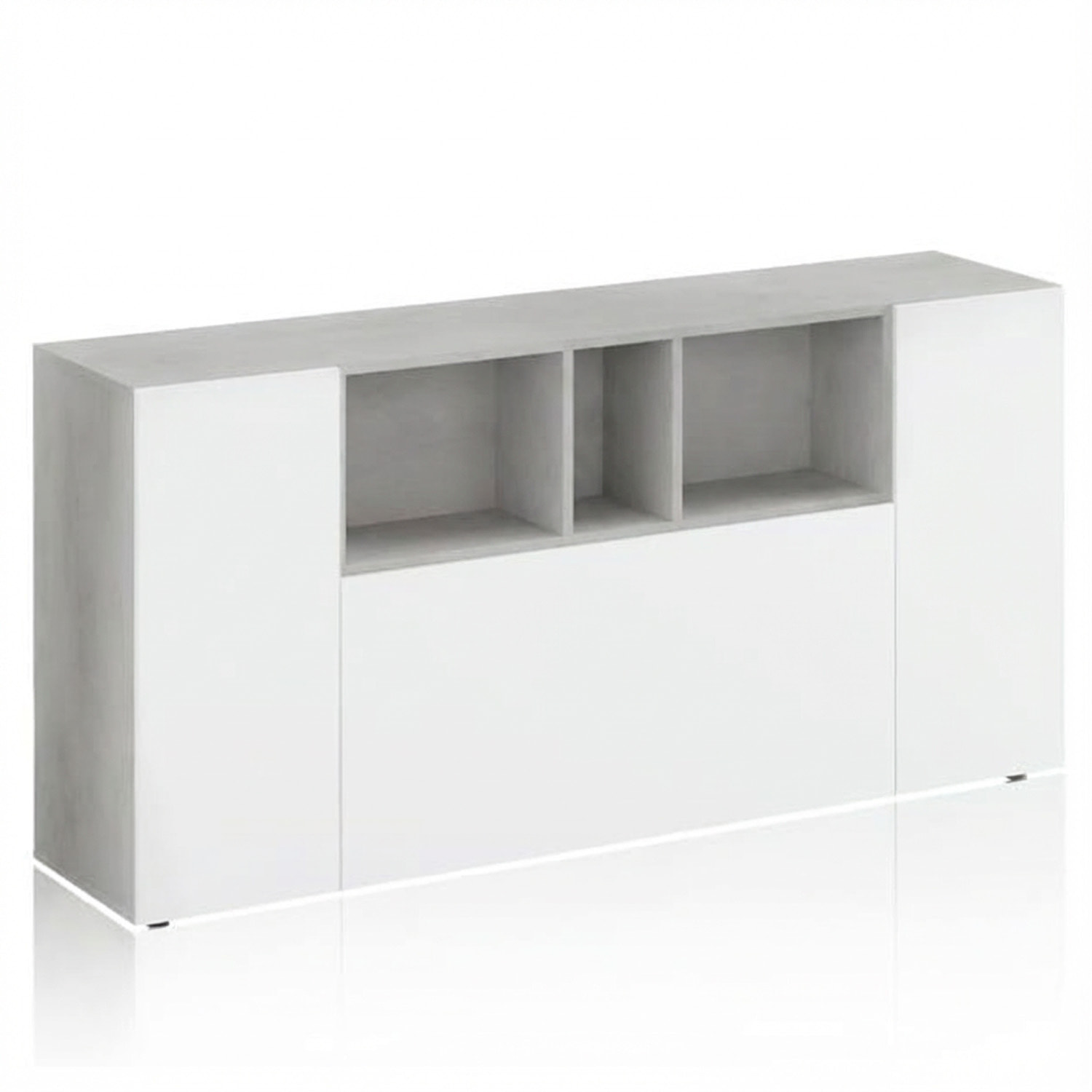 Credenza Moderna Madia A 3 Ante Con Vani a Giorno Mobile Contenitore Salvaspazio Da Terra Ripiani Regolabili 150 x 41 x 76 Cm Bianco e Grigio Cemento