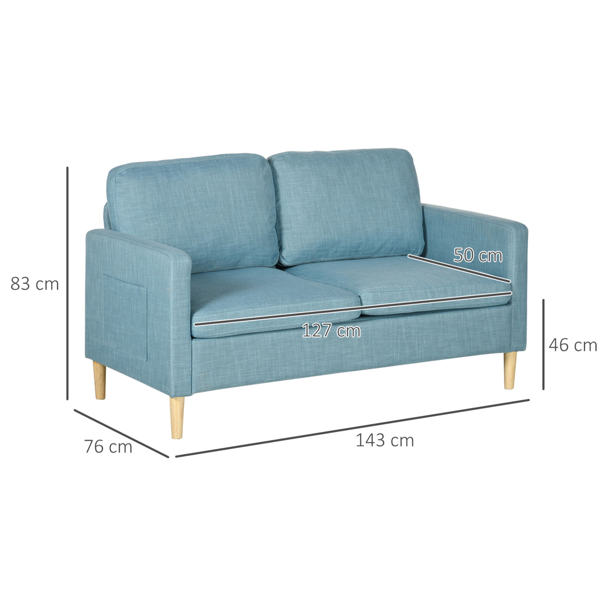 Sofá de 2 Plazas Sillón Moderno Tapizado en Poliéster con 2 Bolsillos Laterales Reposabrazos y Patas de Madera para Dormitorio Oficina Carga 200 kg 143x76x83 cm Azul Claro