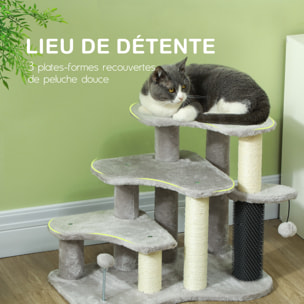 Arbre à chat 3 marches 3 griffoirs bande massante 2 jeux boules peluche gris clair