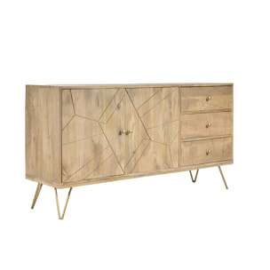 Buffet gravé en bois manguier massif et métal doré 2 portes 3 tiroirs L145 cm LINIUM