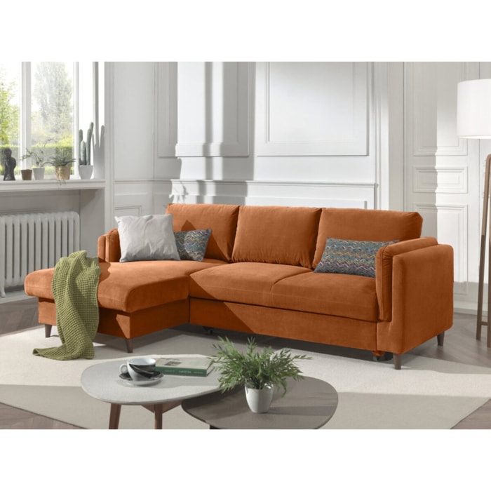 Brooke - canapé d'angle gauche - convertible avec coffre - 4 places - en velours - Rouille