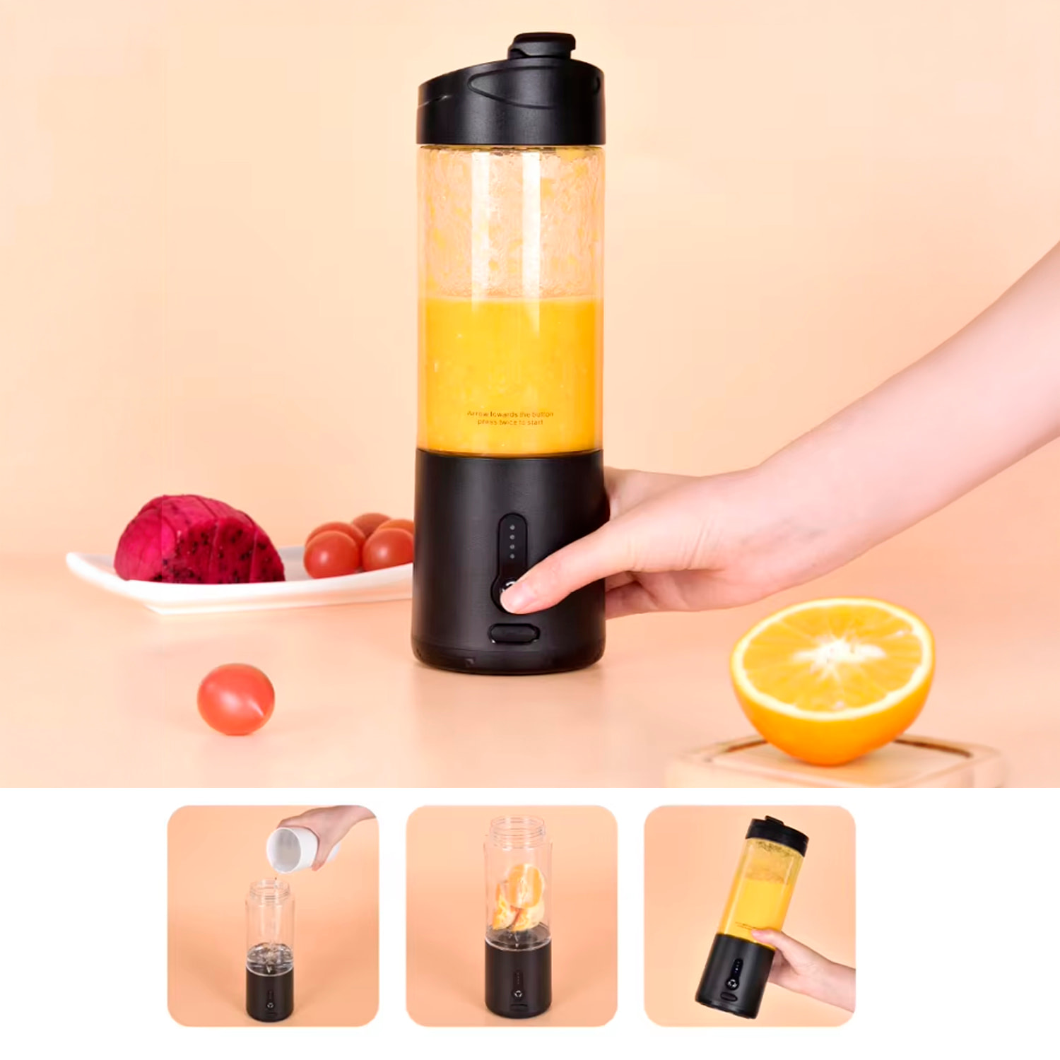 Batidora portátil HD-06 de 530 ml con potente motor de 240W, con batería recargable de 4000mAh.