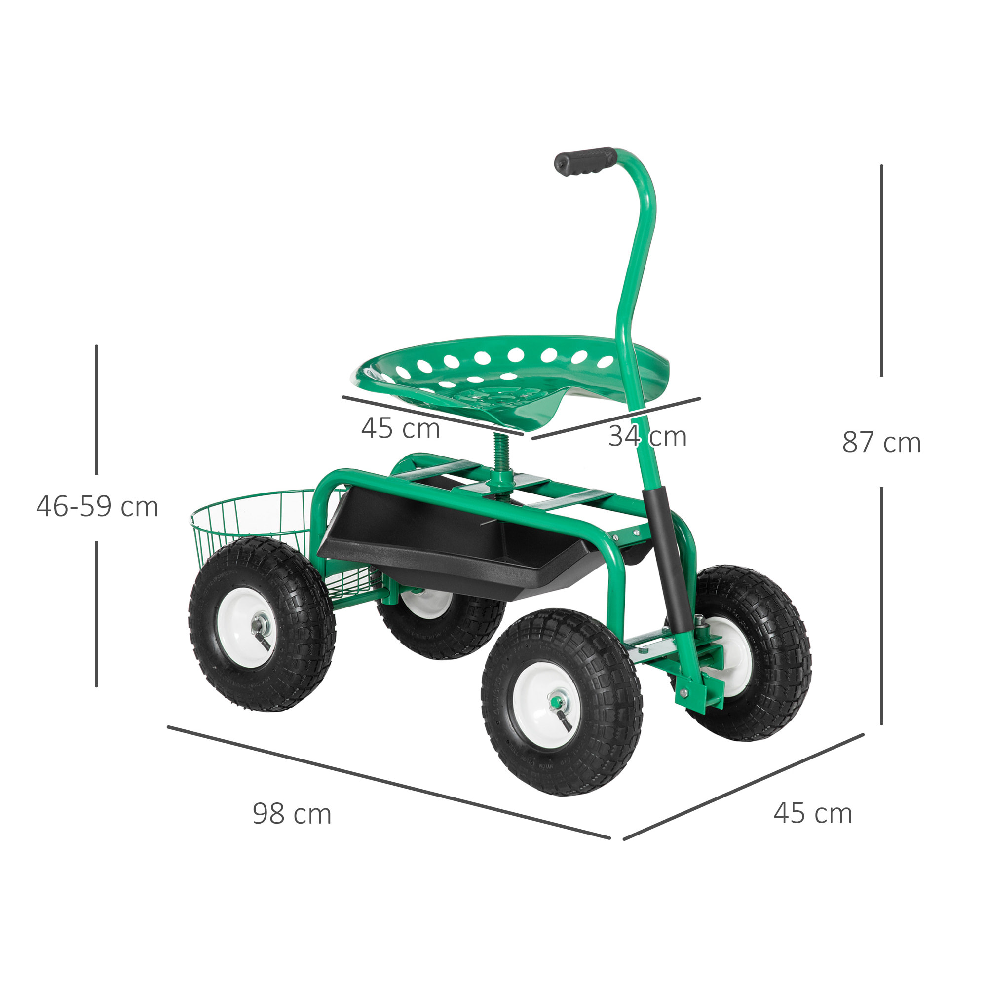 Asiento de Jardín con Ruedas, Taburete de Jardinería con Asiento Giratorio y Ajustable en Altura, Ruedas Neumáticas, Bandeja de Herramientas y Cesta, Carga 150 kg para Patio, Exterior, Verde