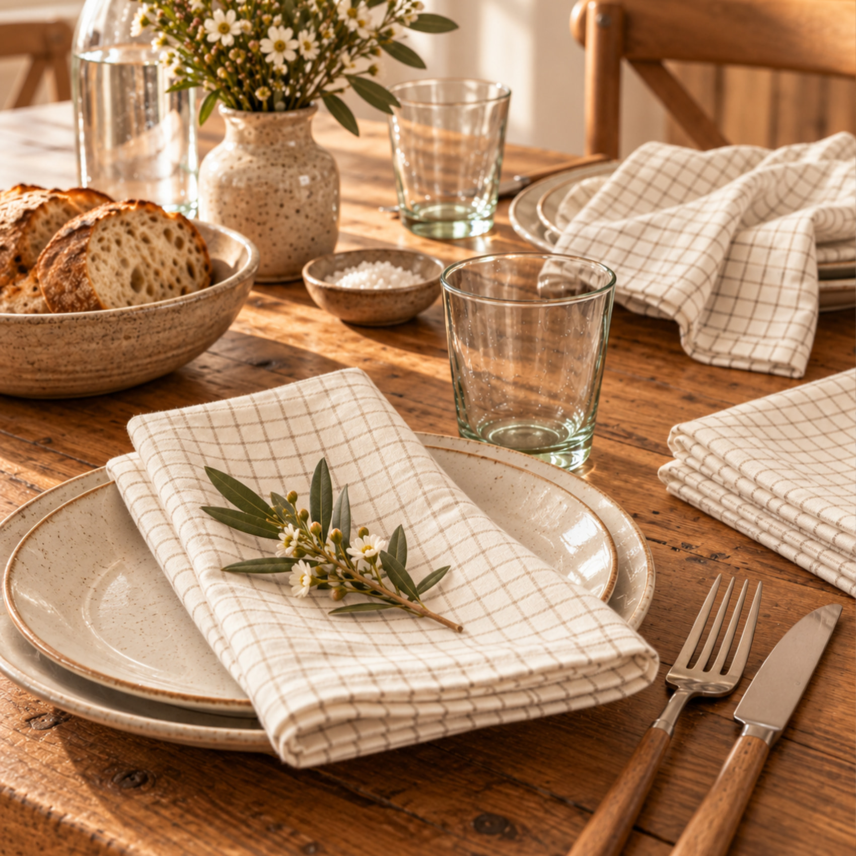 Serviette de table à carreaux en coton - Naturel