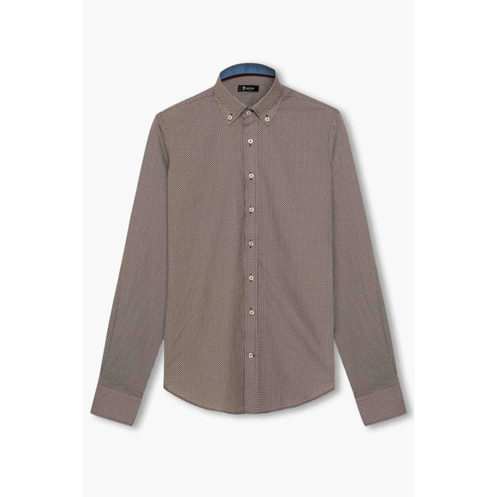 camicia uomo 1 bottone button down slim Popeline Stampato Marrone/Bianco