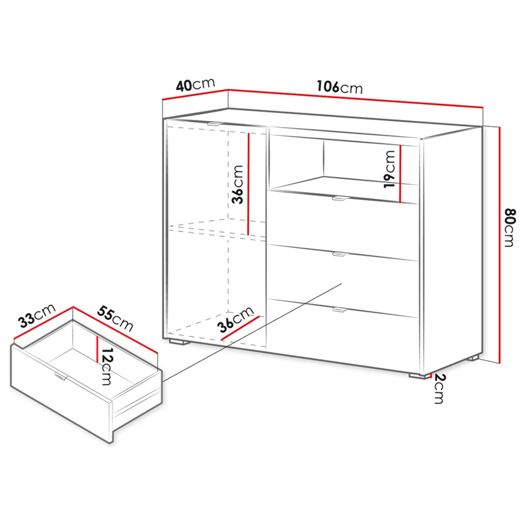 Judy - buffet bas 106 cm - 1 porte, 3 tiroirs et 1 niche - Bois