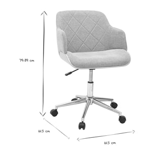 Chaise de bureau à roulettes design en tissu effet velours texturé gris, bois clair et acier chromé SANDRO