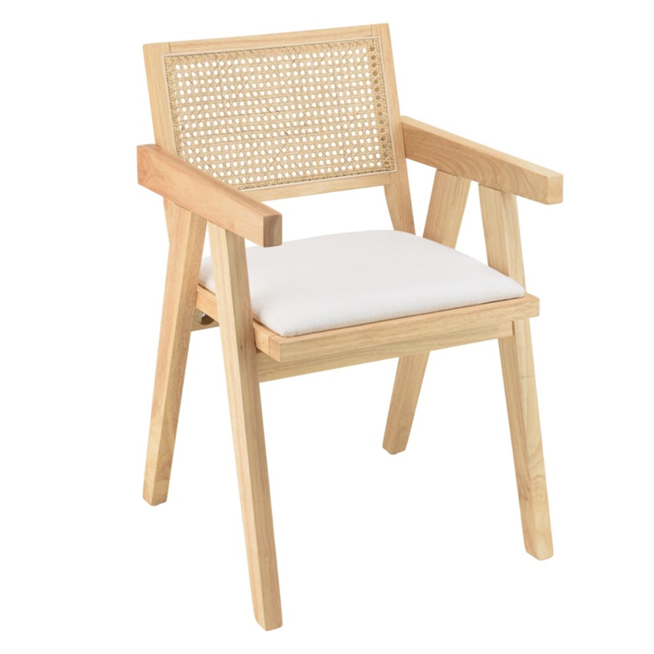 AGATHE - Fauteuil bois d'Hévéa assise tissu blanc dossier rotin naturel