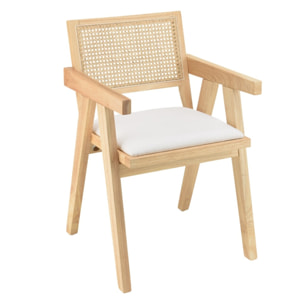 AGATHE - Fauteuil bois d'Hévéa assise tissu blanc dossier rotin naturel