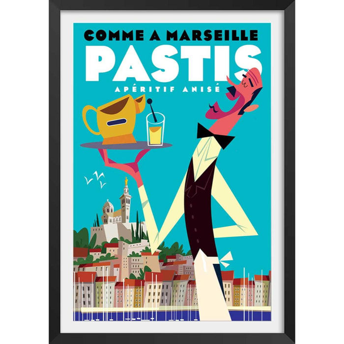 Poster un pastis sur le vieux port Affiche + cadre en bois - Noir