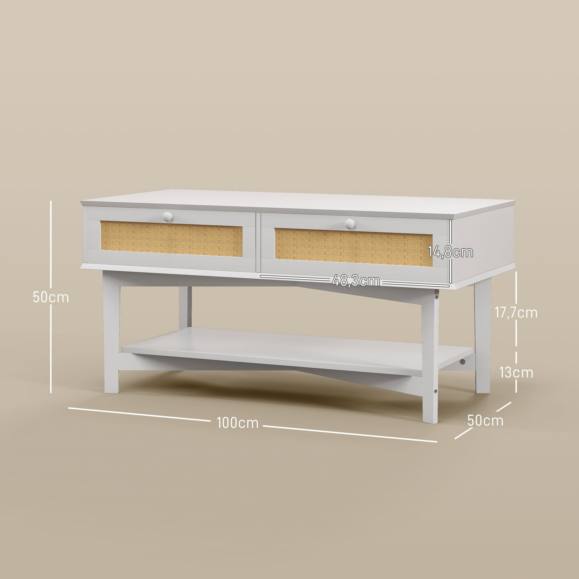 Mesa de Centro Blanca Mesa Baja con 2 Cajones Decorativos de Ratán y Estante de Almacenamiento para Sala de Estar Carga 50 kg 100x50x50 cm