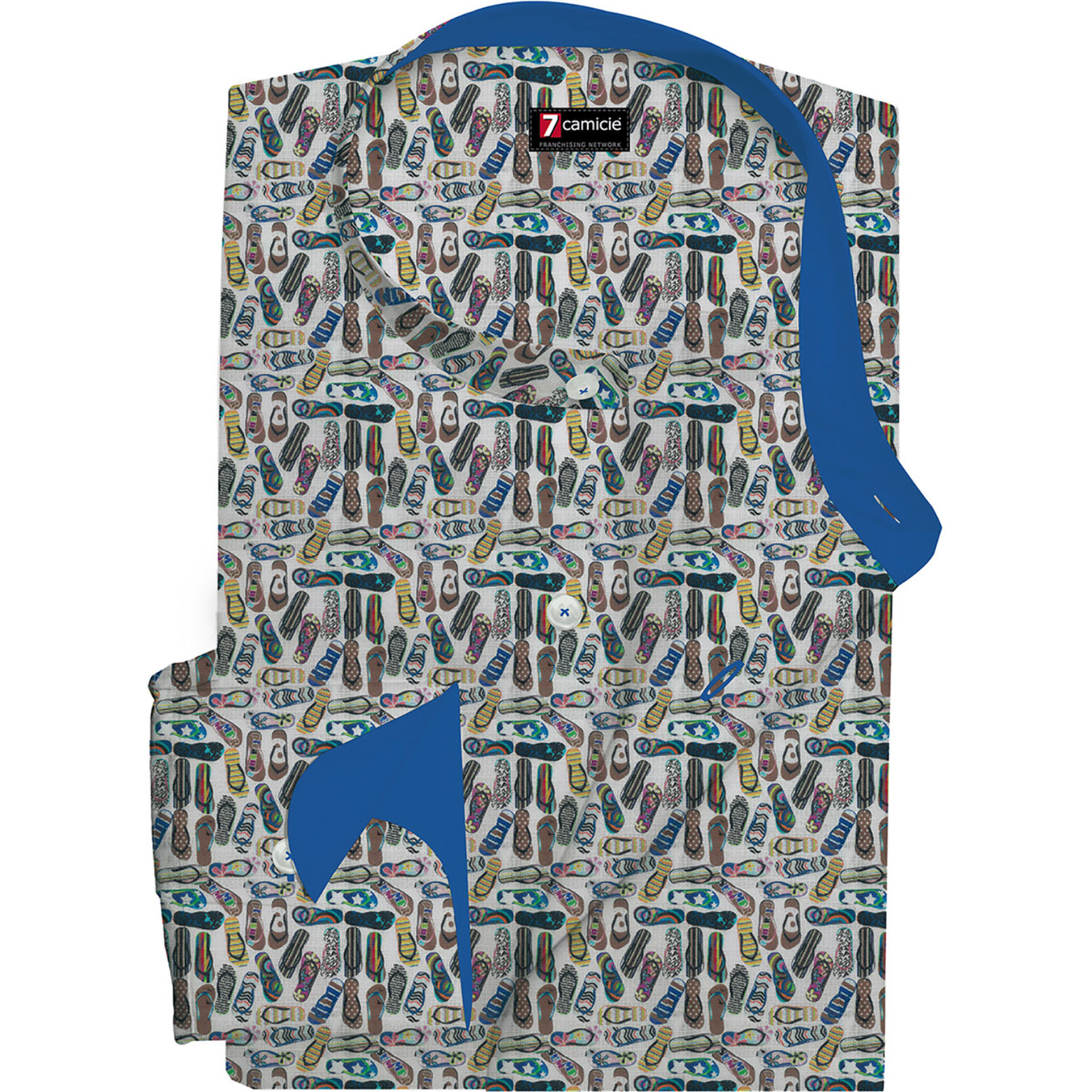 Camicia Uomo Coreano Slim Cotone Stampato Bianco e Blu