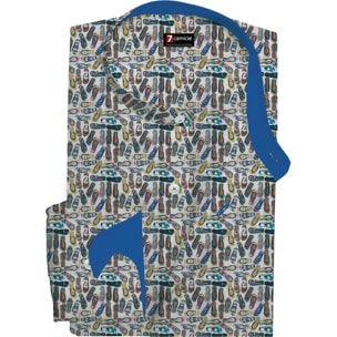 Camicia Uomo Coreano Slim Cotone Stampato Bianco e Blu