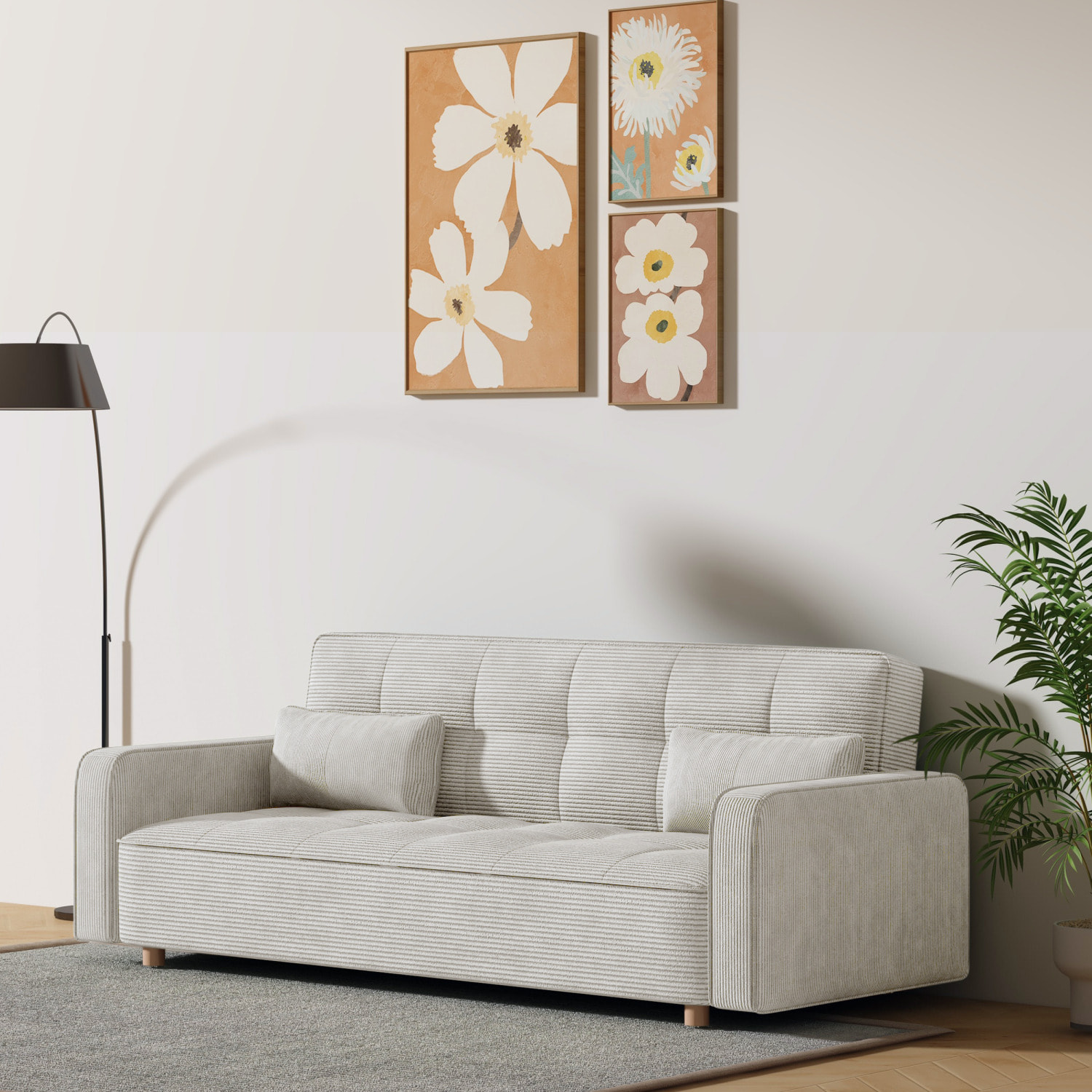 Canapé convertible 3 places en velours côtelé beige COOPER