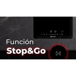 EVVO Placa Vitrocerámica 3 zonas de cocinado V60, Potencia máxima 5.700W, 9 niveles, máx diámetro 30 cm, control táctil, indicador de calor