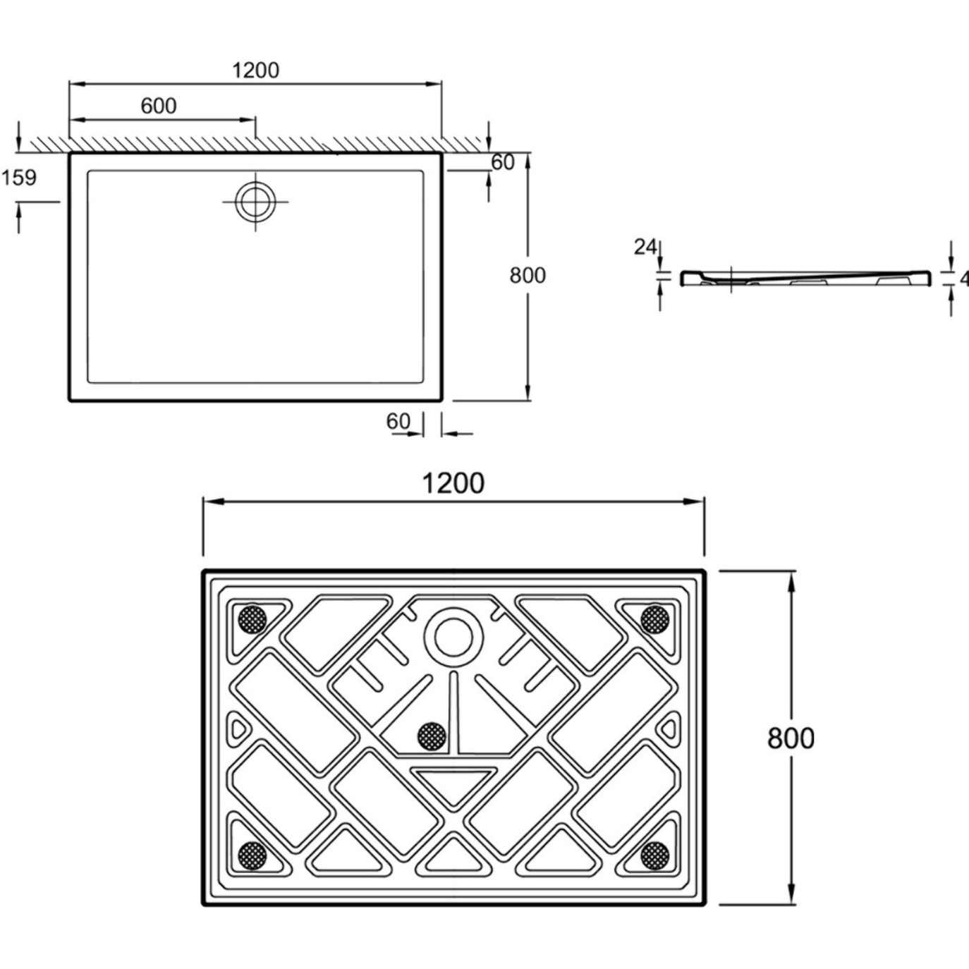 Receveur de douche 120 x 80 Gaspard extra-plat céramique bonde centrée sur la longueur