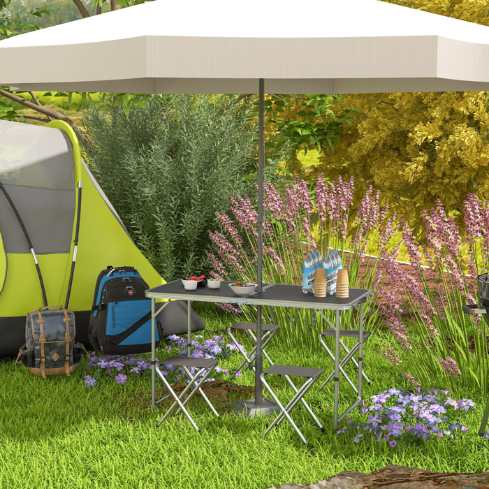 Conjunto de Camping de 5 Piezas Mesa para Camping Plegable con Sillas Incluye 1 Mesa Ajuatsble en Altura con Encimera MDF Orificio para Sombrilla 120x60x55-70 cm y 4 Taburetes Plegables Negro