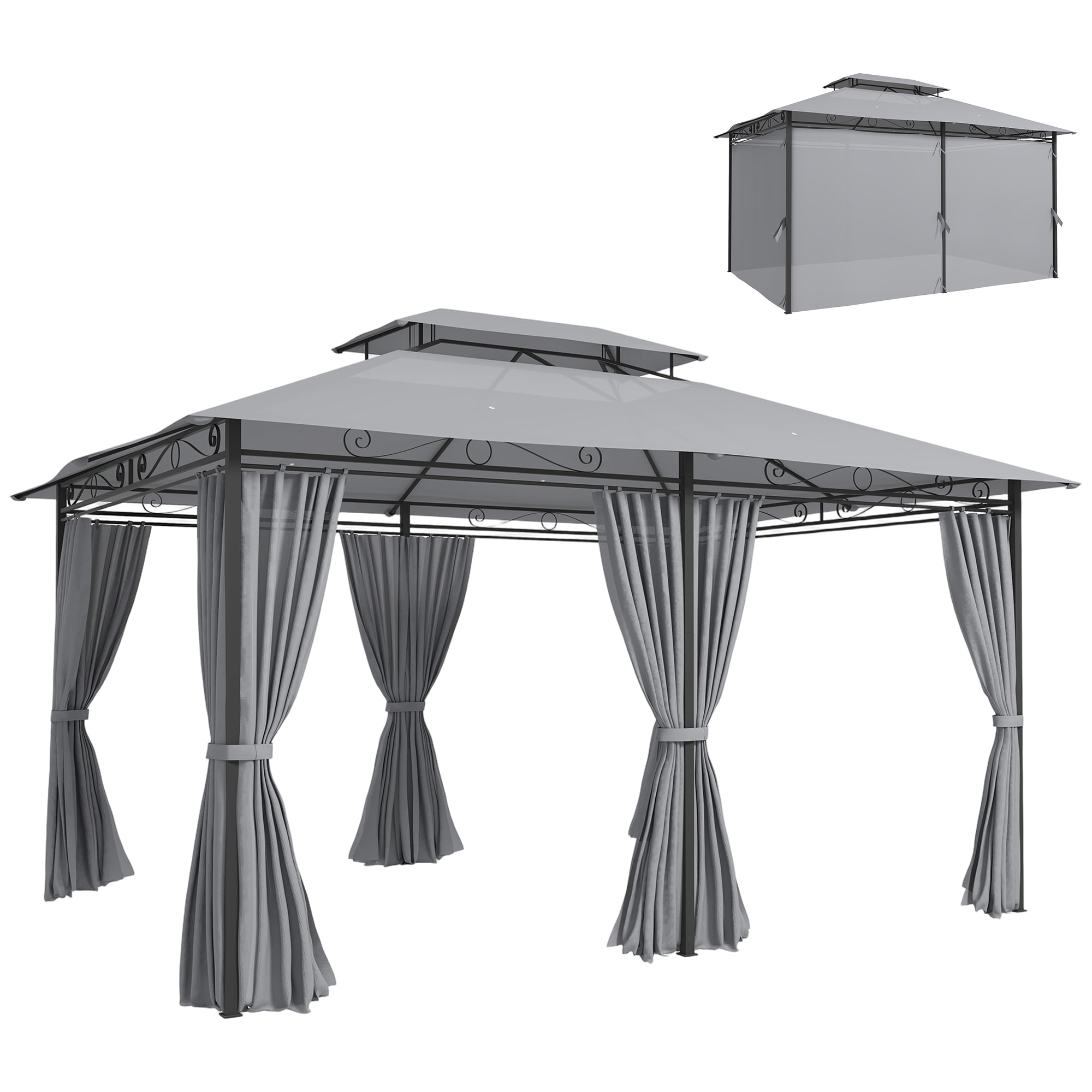 Cenador para Jardín 3x4 m, Pabellón de Jardín, Gazebo con Doble Techo, 6 Paredes Laterales, Estructura Metálica, Drenaje, Carpa para Exterior, Terraza, Patio, Gris Oscuro