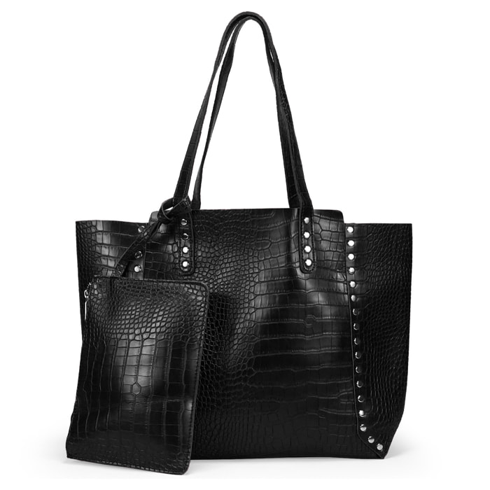 Bolso shopper negro con grabado animal print y tachas