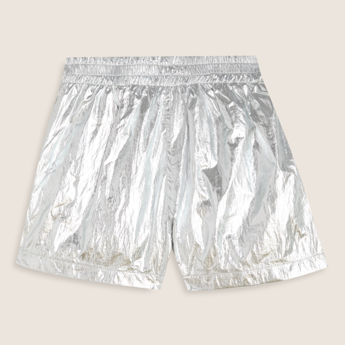Pantaloncini Bambina in Tessuto Coated Argento