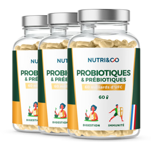 Probiotiques & Prébiotiques - Flore Intestinale - 60 gélules Vegan - Lot de 3